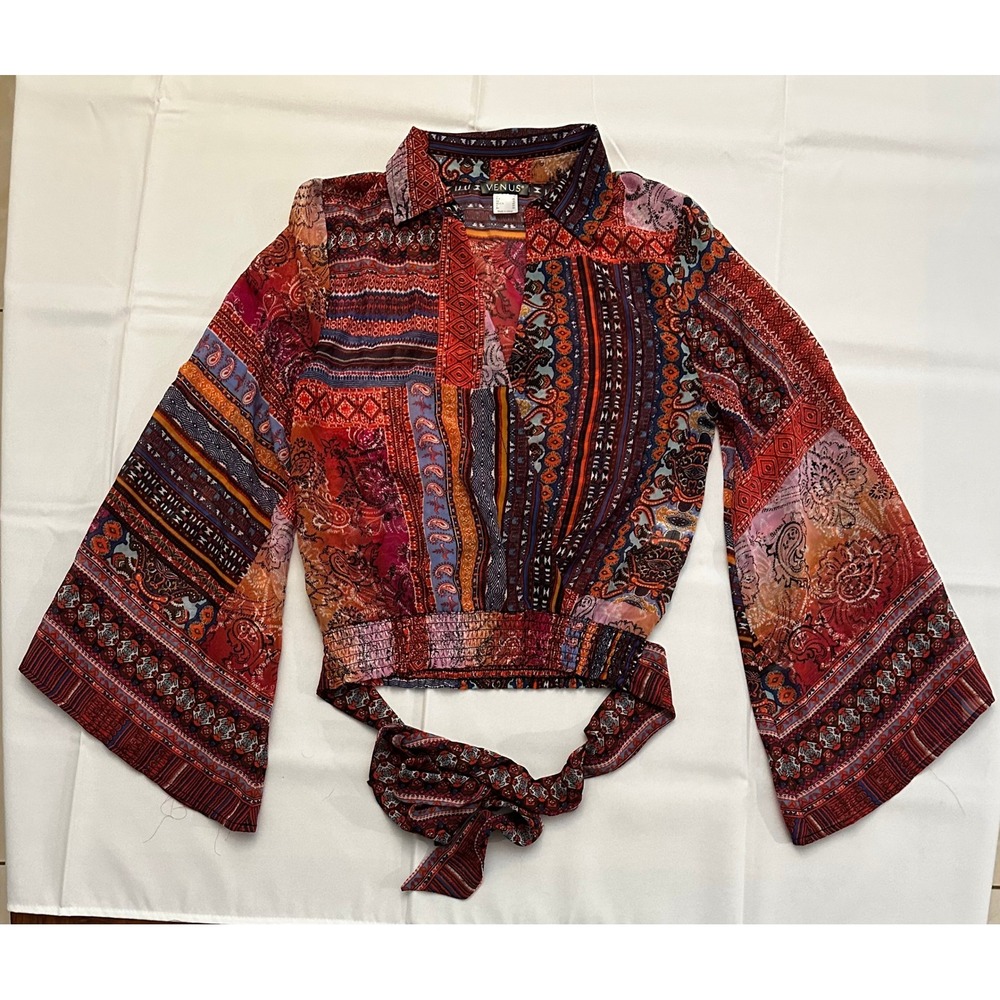 Venus Womens Boho Patchwork Paisley Bell Sleeve Smocked Crop Top Blouse Red 6‎